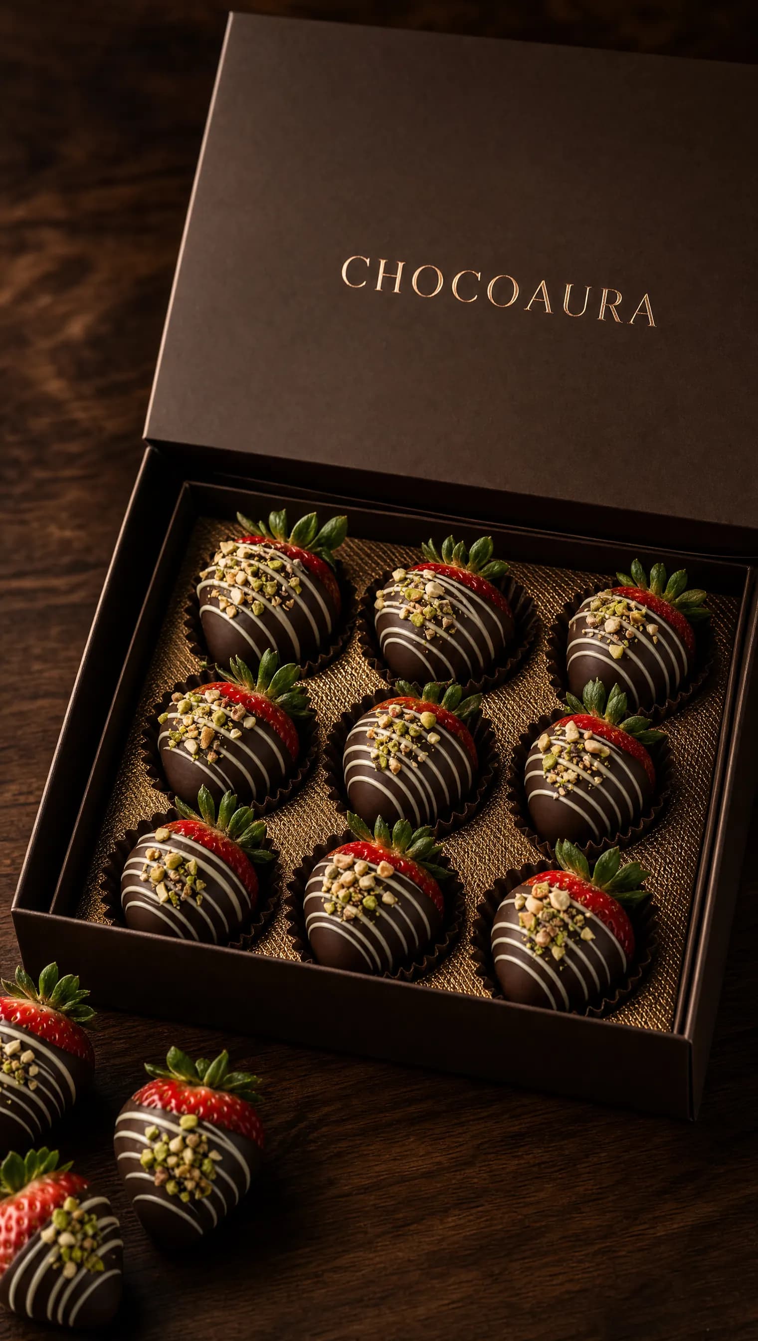 Ochiq ChocoAura qutisi, to‘qqizta shokoladli qulupnay
